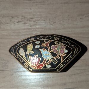 Vintage Cloisonné Trinket Pill Box Floral Bird Design Black Gold Color 1" Tall